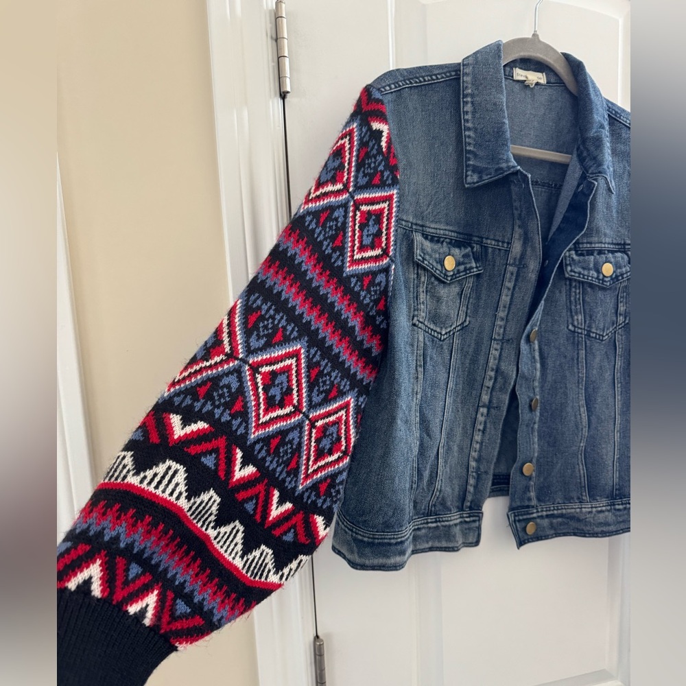 Stevie Hender Mixed Media Denim Jacket L Knit Balloon Sleeves Western Aztec Boho - Picture 5 of 10